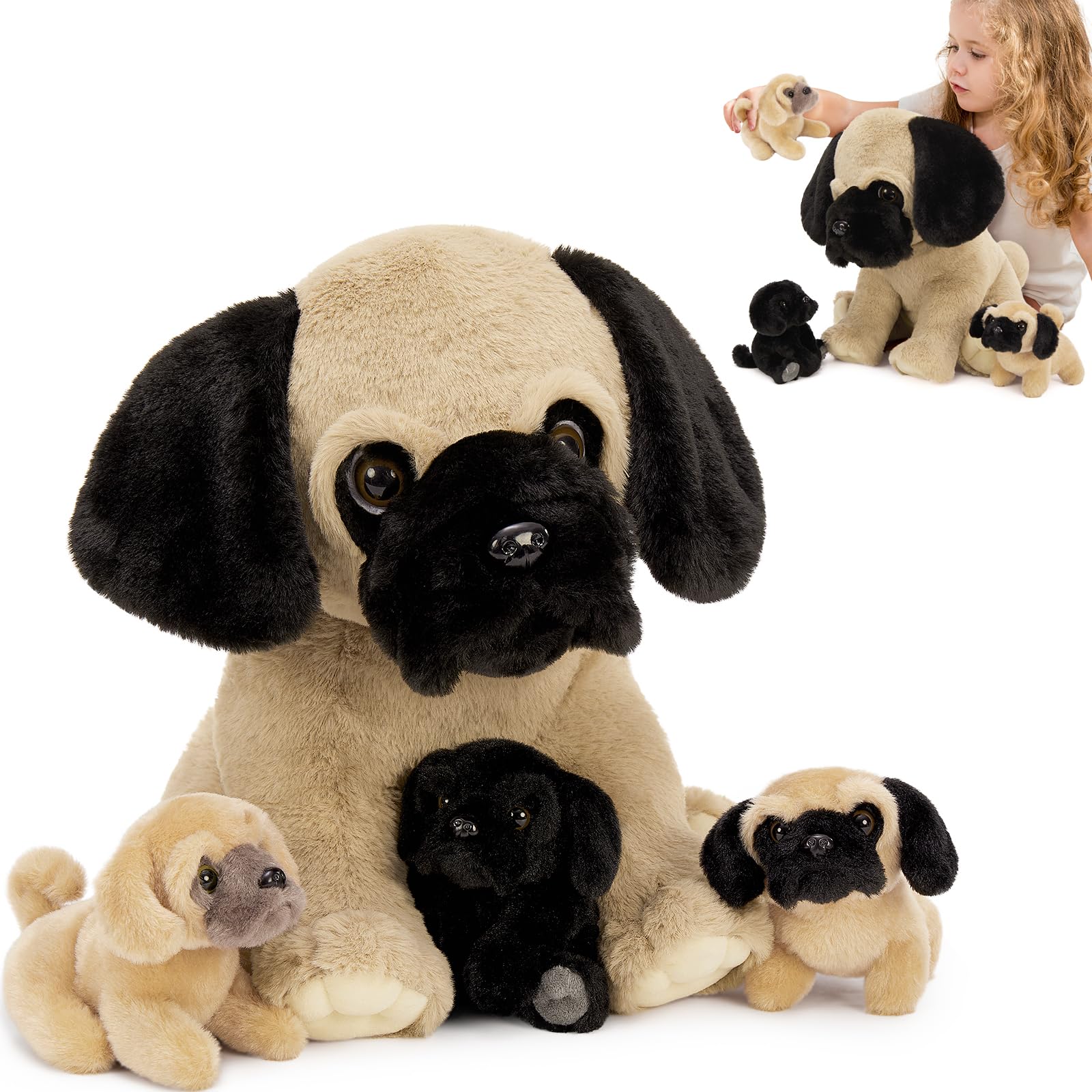 MorisMos Big 35cm Dog Soft Toy with 3 Cuddly Puppies Baby Inside, Giant Fluffly Pug Plush, Realistic Kawaii Dog Teddy Gift for Kids Birthday Christmas Deco — image 1