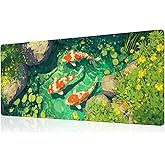 Fish Art Mouse Pad Green Desk Mat XL Mouse Gaming Pads, Fish Keyboard Pads Extra Large Desktop Computer Mats with Non-Slip Base & Stitched Edges, Vintage Office Decor 31.5x11.8