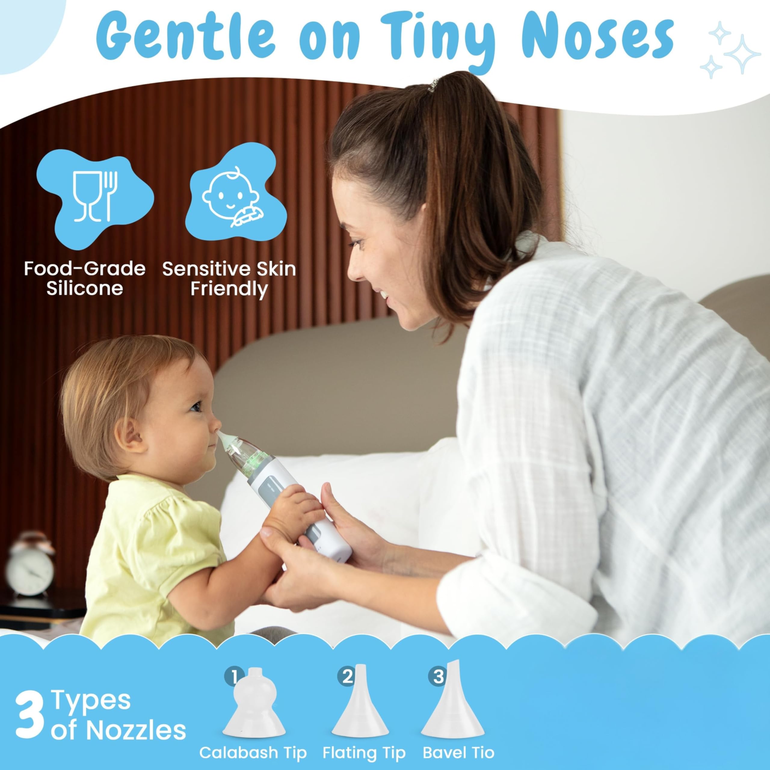 Electric Nasal Aspirator for Baby – Baby Nose Sucker with Adjustable Suction, Music & Light – Portable Nose Cleaner with Soft Silicone Tips for Infant Congestion Relief – USB Rechargeable