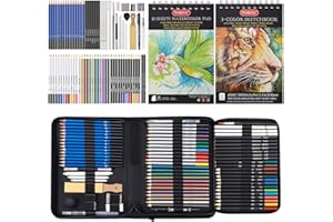 PANDAFLY 80 Pack Drawing Set Sketching Kit, Pro Art Supplies with 3-Color Sketchbook, Watercolor Pad, Colored, Graphite, Charcoal, Metallic Pencil, Christmas Gifts for Artist Beginner Kids Teen Girls