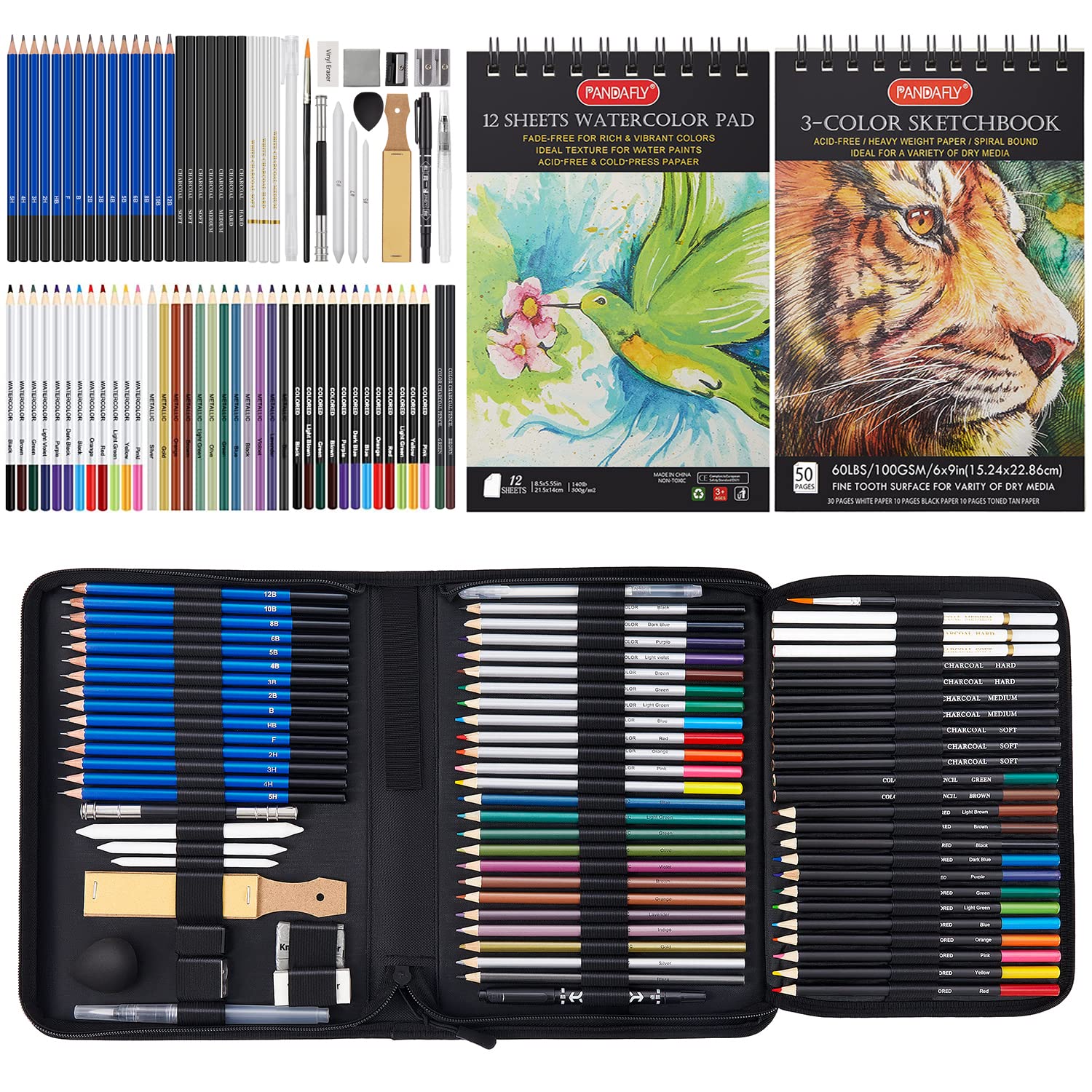 Photo 1 of PANDAFLY 80 Pack Drawing Set Sketching Kit, Pro Art Supplies with 3-Color Sketchbook, Watercolor Pad, Colored, Graphite, Charcoal, Metallic Pencil, for Artist Adults Kids Beginner