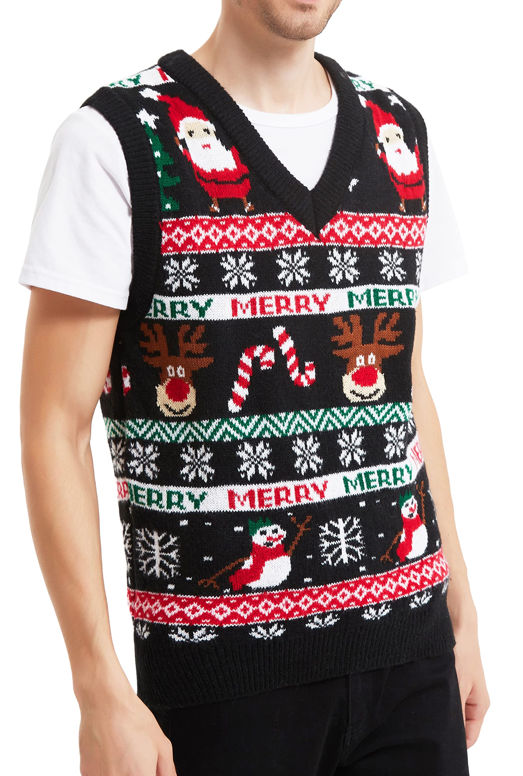 Men's Christmas Holiday Reindeer Snowman Santa Snowflakes Traditional Knitted Ugly Sweater (Medium, Vest-Blck-M22) Image