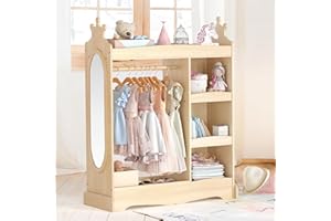 Curipeer Kids Dress up Storage with Mirror, Kids Wardrobe with 3 Hooks for Girls Boys, Costume Organizer, Open Hanging Armoir