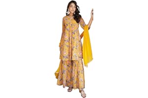 Janasya Indain Women's Georgette Digital Floral Printed Kurta with Sharara and Dupatta
