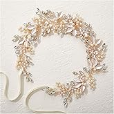 SWEETV Handmade Rhinestone Wedding Headband Flower-Leaf Bridal Headpieces for Wedding Pearl Hair Accessories (Gold)