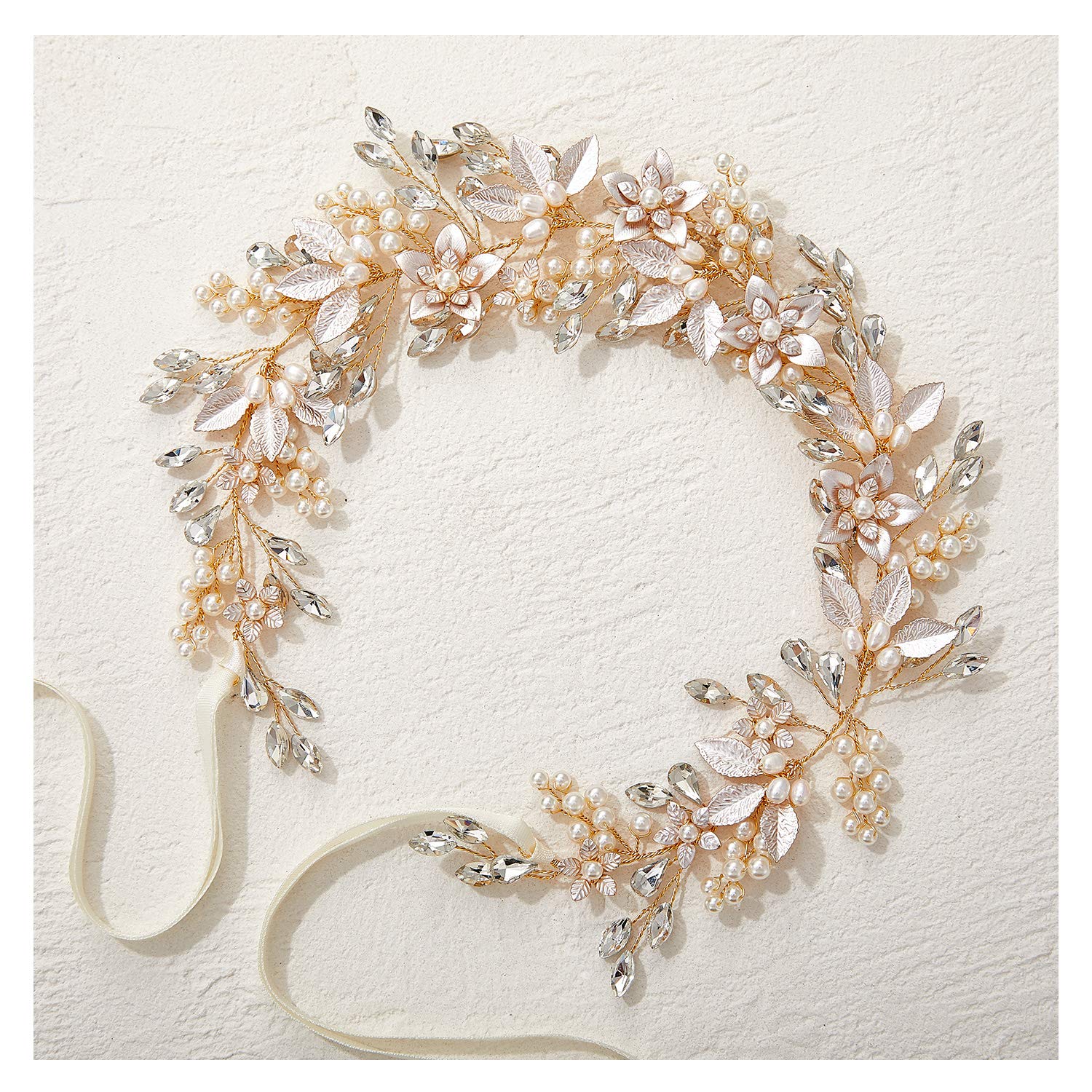 SWEETV Handmade Rhinestone Wedding Headband Flower-Leaf Bridal Headpieces for Wedding Pearl Hair Accessories (Gold)