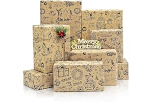 9 Sheets Christmas Wrapping Paper, Vintage Xmas Wrapping Paper for Kids Boys Girls, Black and Brown Kraft Paper, Folded Flat 