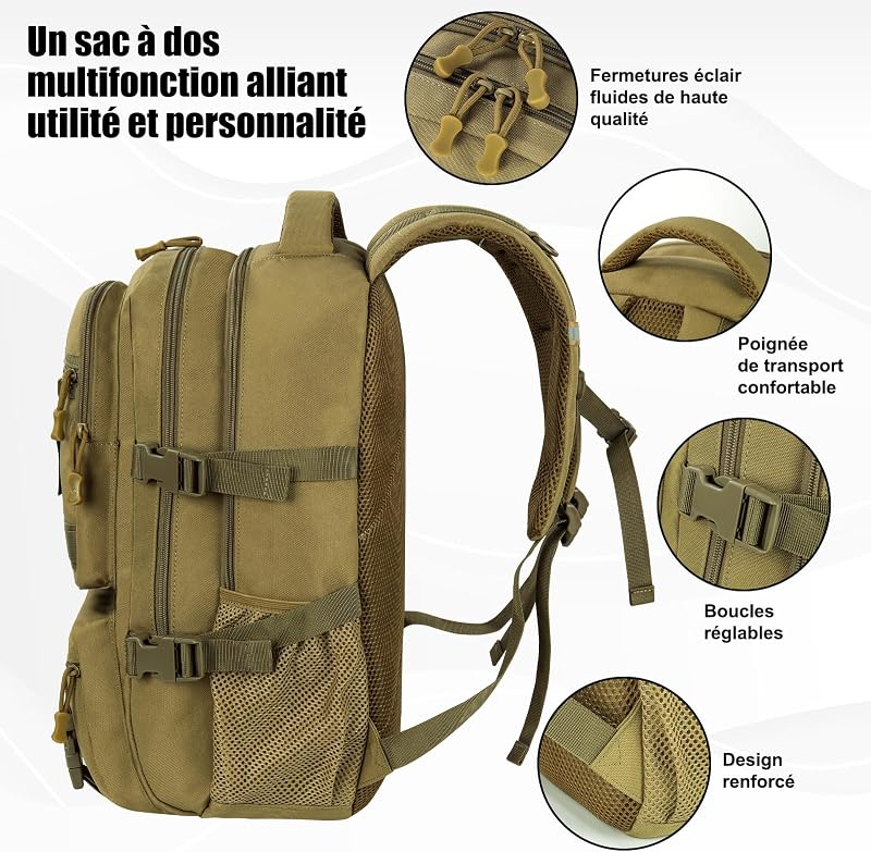 Cartable Garcon Scolaire Ado Fille Enfant, Grand Sac à dos Homme Femme 17,3" PC Sacs Scolaires pour Collège lycée Université et Voyage, 13 14 15 16 17 18 19 20 21 Ans, Kaki