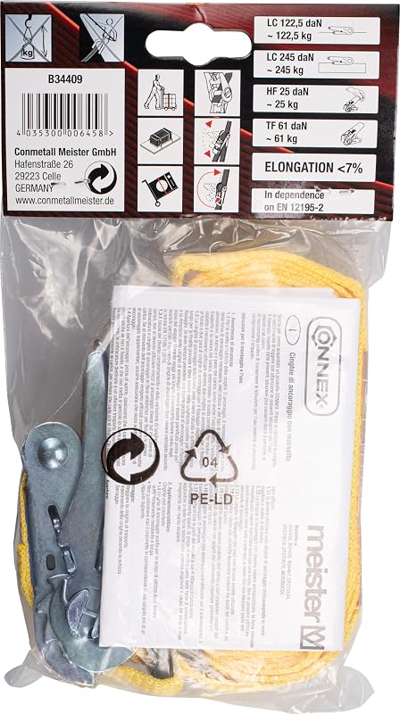 Connex B34409 Sangle d'arrimage, en Deux Parties, 5 m x 25 mm, Charge maximale : 245 kg, avec cliquet Standard et Crochets en S, en polypropylène, Sangle de Serrage, sécurité de Chargement, Sangle à