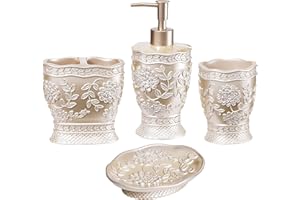 Zahari Home 4pc Rose Vine Bathroom Accessories Sets Lotion Pump, Tumbler, Tooth Brush Holder and Soap Dish Unique Design Beige Bathroom Set