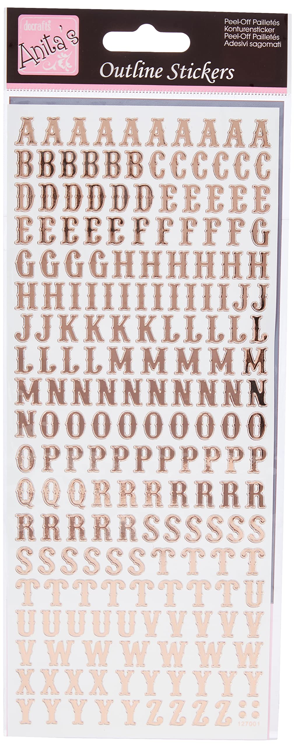 Anitas Outline Stickers, Traditional Alphabet, Rose Gold on White, For Scrapbooking, Card Making, Kids Play, Homework, Art, Craft, Embelish, Decorative, Paper, Card, Glass, Metal, Plastic, Foam