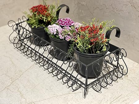 Urban Born Metal Railing planters and Hanging planters for Balcony and Pot Stand for Indoor Plants with 3 Flower pots (Black Finish | Rust Free) Plant Stand for Balcony Garden | Stand for Plants.