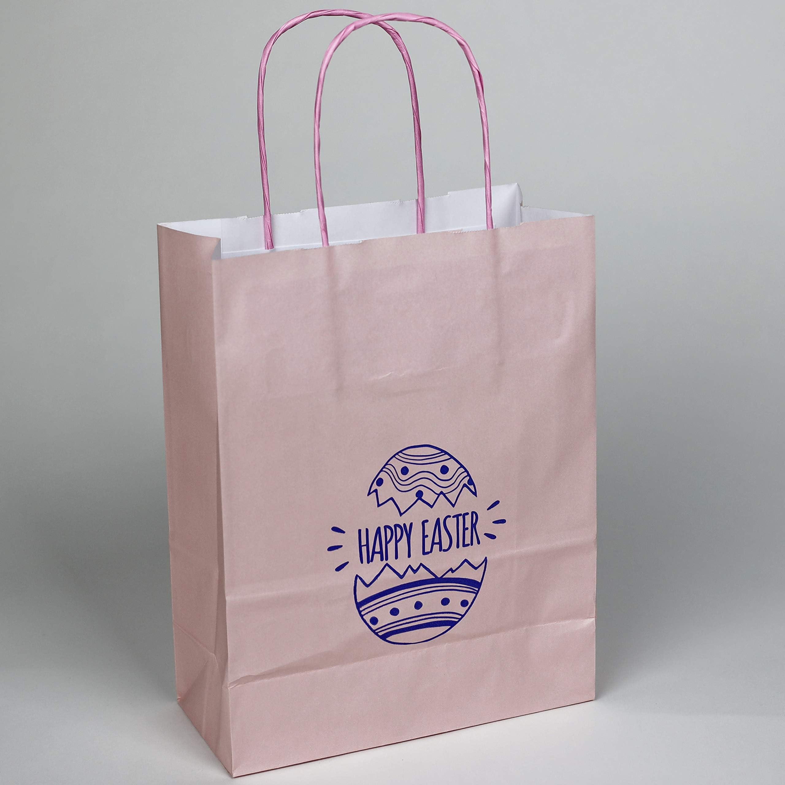 MAINETTI Pack of 10 Pink Easter Bags Cracked Egg Print, Twisted Handle Kraft Paper Gift / Party Bags 18x8x24cm, - Choose from over 100 Colour / Print / Size Options