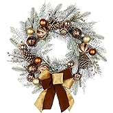 24" Christmas Wreath for Front Door Artificial Unlit Winter Wreath with Pine Cones, Berry Clusters, Bronze Ball Ornaments and Ribbon for Thanksgiving Holiday Christmas Decoration