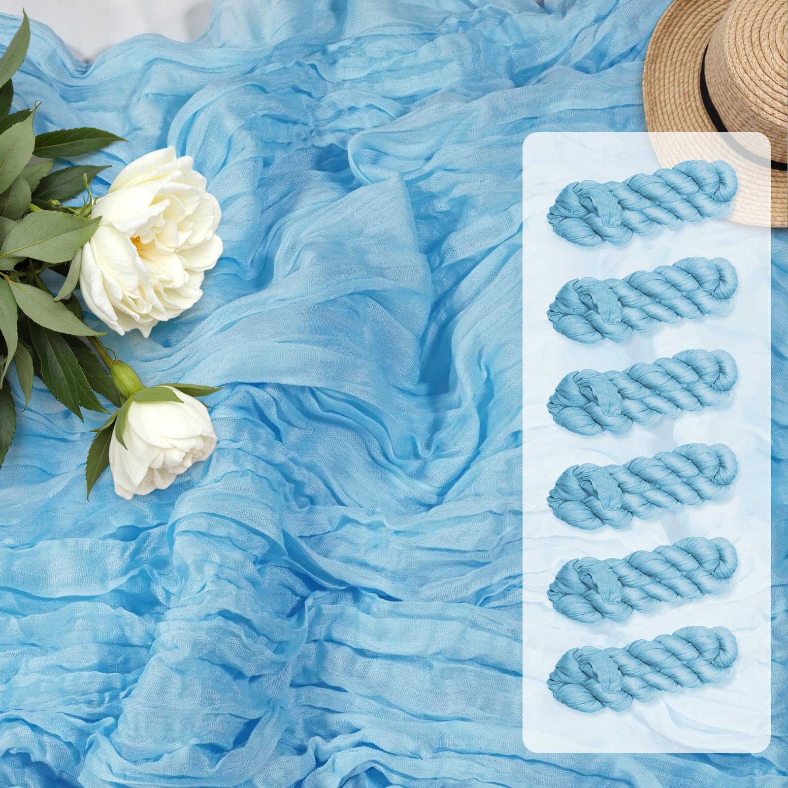 Photo 1 of 10FT 6 Pack Blue Cheesecloth Table Runner 35x120 inchs Romantic Boho Rustic Gauze Baby Blue Sheer Cheese Cloth Table Runners for Wedding Bridal Baby Shower Tea Party Birthday Home Decorations