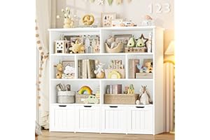 FINETONES Toy Storage Organizer, Kids Bookshelf with 4 Movable Chests and 7 Storage Cubes, Toy Chest Storage with Hidden Whee