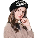Classic French Wool Beret with Pearl & Rhinestone Embellishments, Beanie Cap Style Hat for Women and Girls