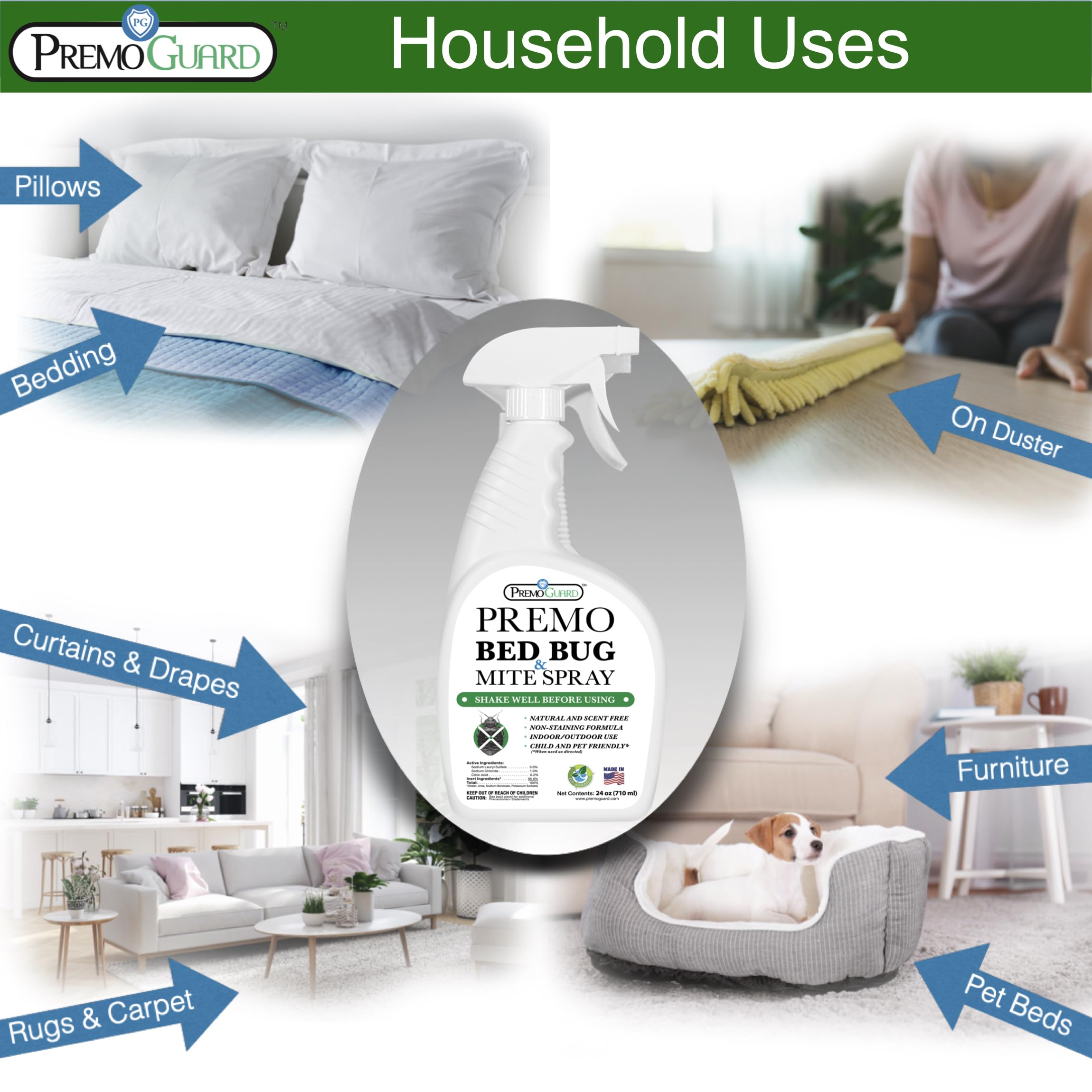 Premo Guard Bed Bug Killer Spray 24 oz - University Tested 100% Kill Rate - Natural Non Toxic, Stain & Scent Free - Kill Bedbugs & Mites On Bed & Blankets, Furniture, Clothing - Child & Pet Safe