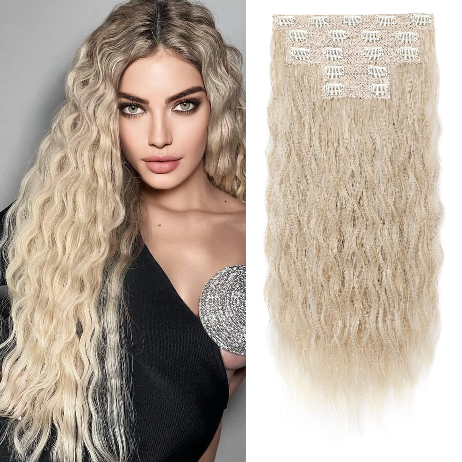 Clip in Hair Extensions, REECHO 5PCS Brown Hair Extensions 24" Thick Long Loose Waves hair extensions HE002 Invisible Lace Weft Natural Soft Hairpieces for Women – Blonde