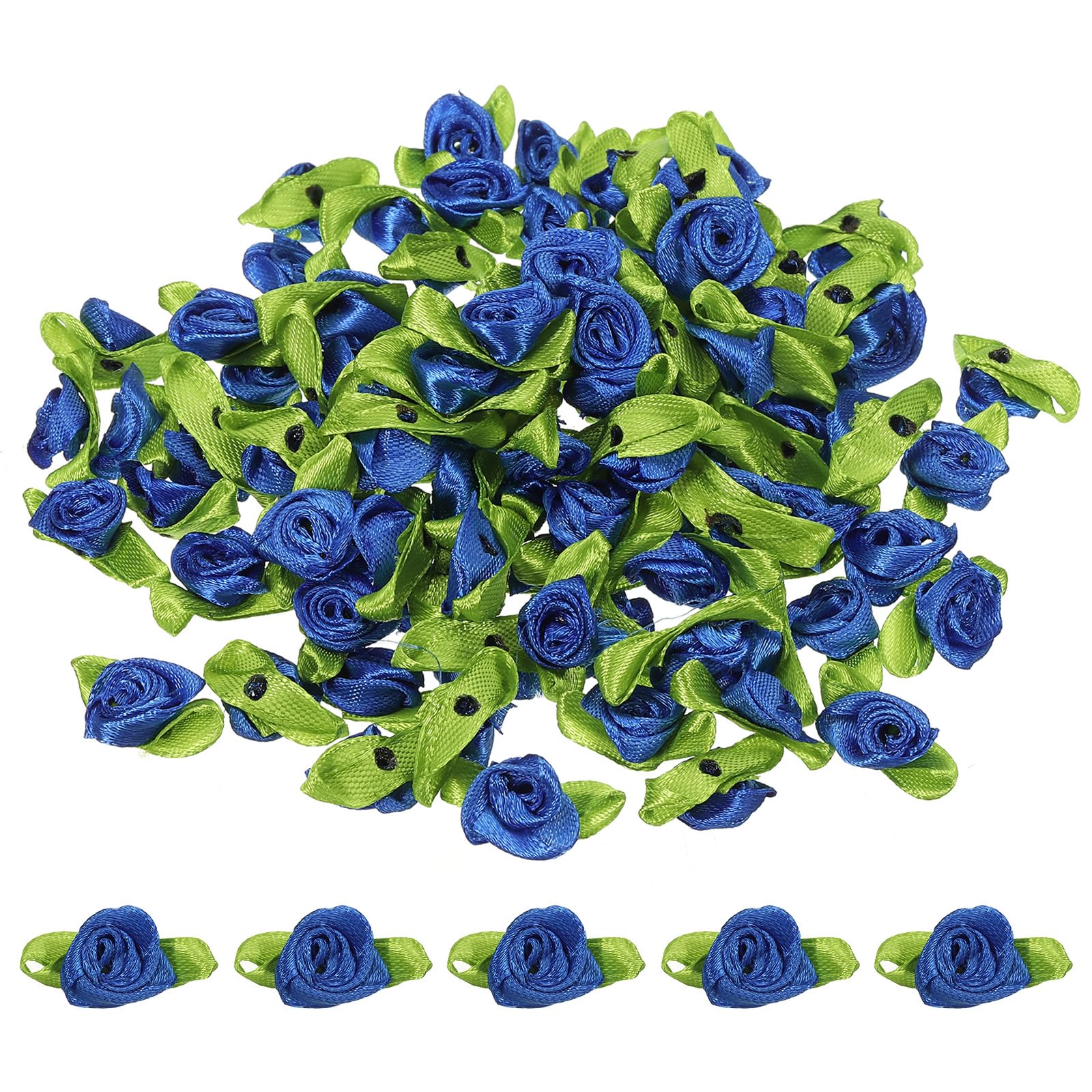 PATIKIL Mini Ribbon Roses, 100 Pcs Tiny Satin Fabric Flowers with Green Leaves Embellishments Rosettes Applique for DIY Crafts Sewing Wedding,Blue — image 1