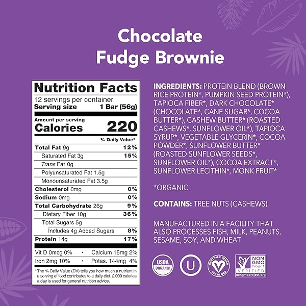 ALOHA ORGANIC PLANT-BASED PROTEIN BARS | CHOCOLATE FUDGE BROWNIE | VEGAN, GLUTEN-FREE, PALEO, LOW-CARB, NON-GMO, SOY-FREE, 12 COUNT
