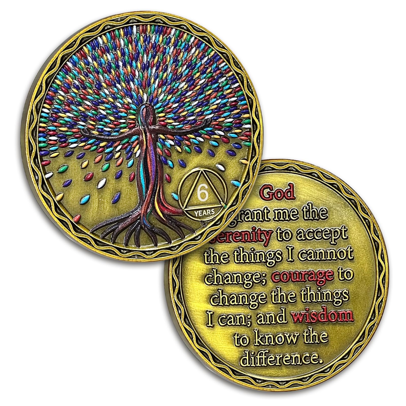 6 Years Sobriety Coin Colourful Tree of Life AA Chips AA Coins and Medallion Alcoholics Anonymous Coin Serenity Prayer Coin Recovery Anniversary Token Sobriety Gifts for Women Men