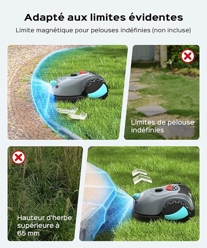 V100 Robot Tondeuse sans Fil Périphérique, avec Caméra, évitement d'obstacles, Navigation Visuelle, 150㎡ Robot Tondeuse Gazon Batterie 4 Ah, avec Lames de Rechange, Coupe en Spirale