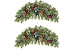 U'Artlines 2PCS Christmas Swag for Front Door, 27.5" Artificial Decorative Swag with Red Berry, Pine Cone, Berries for Indoor & Outdoor Window Wall Fireplace Mantle Home Holiday Xmas Decor Swag