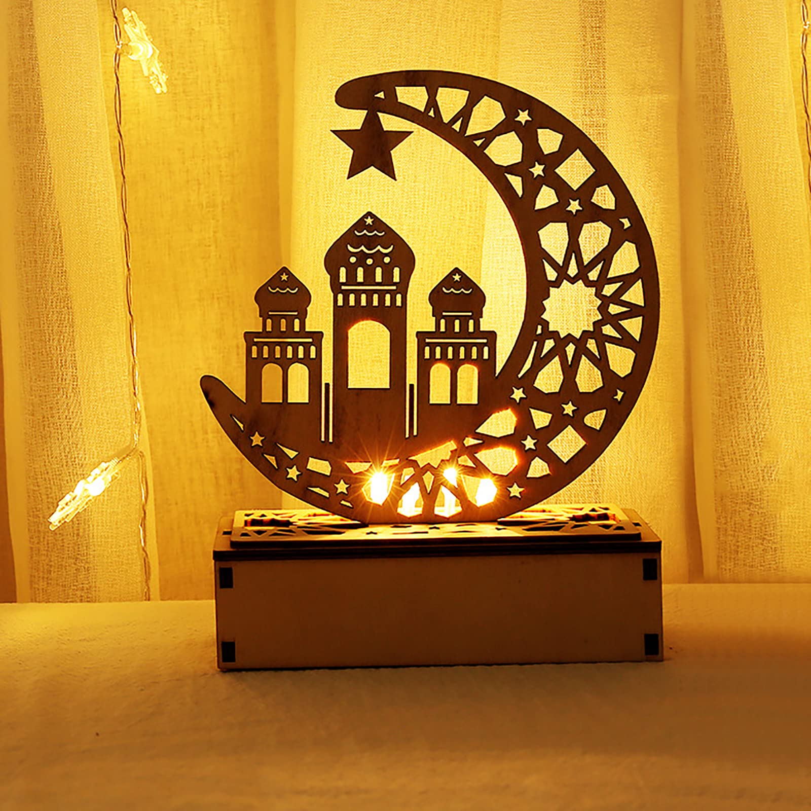 WANGCL Eid Crafts Night Light Ramadan Mubarak Lamp Decorations 3D Handmade Wooden Moon Star LED Lights Decor Gift for Muslims Home Party Supplies(Moon Palace)