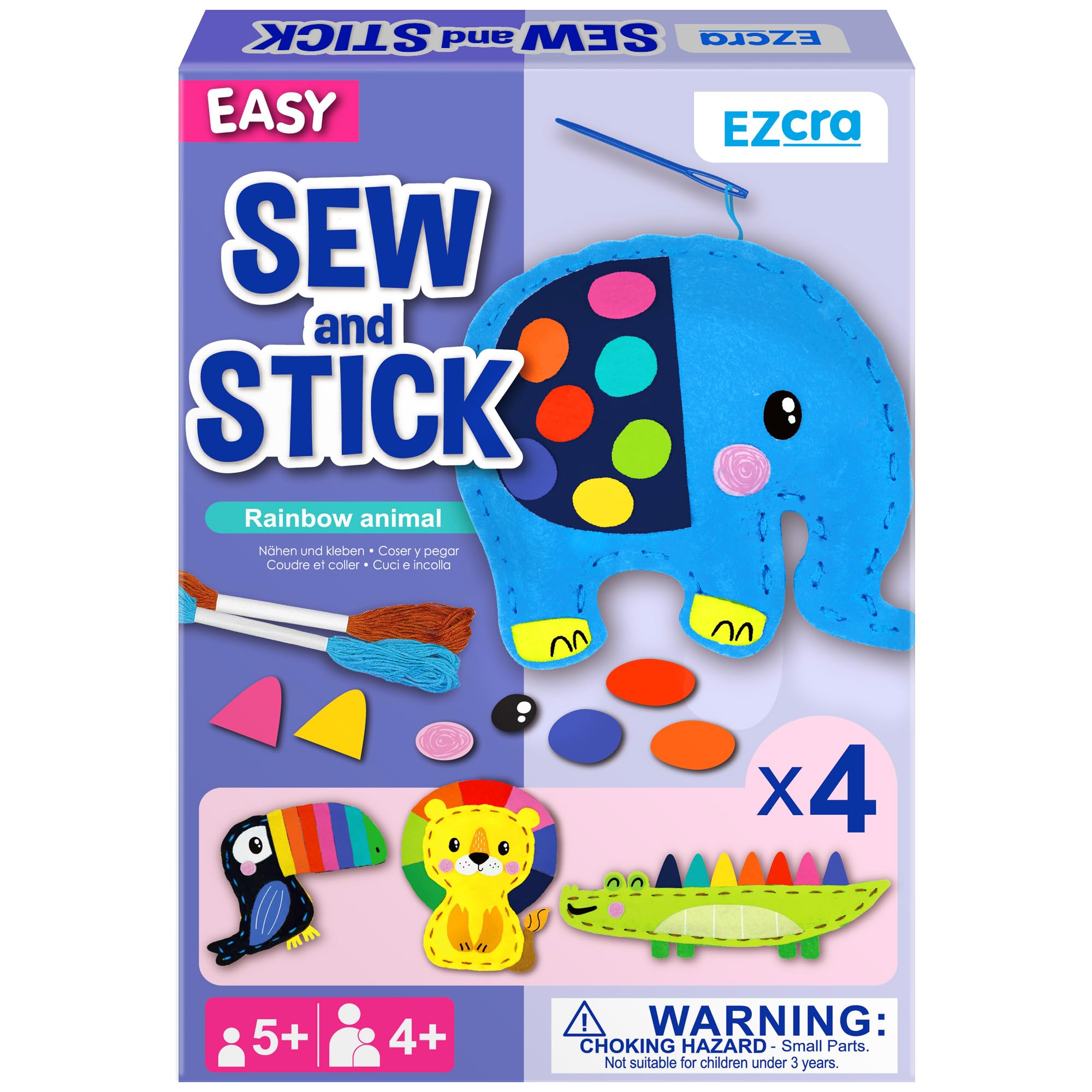 EZCRA Safari Animals Sewing Kit for Kids Ages 4-8, Elephant No-Mess Felt Craft Projects, 4 Easy Beginner Learn-to-Sew Toys for Boys and Girls