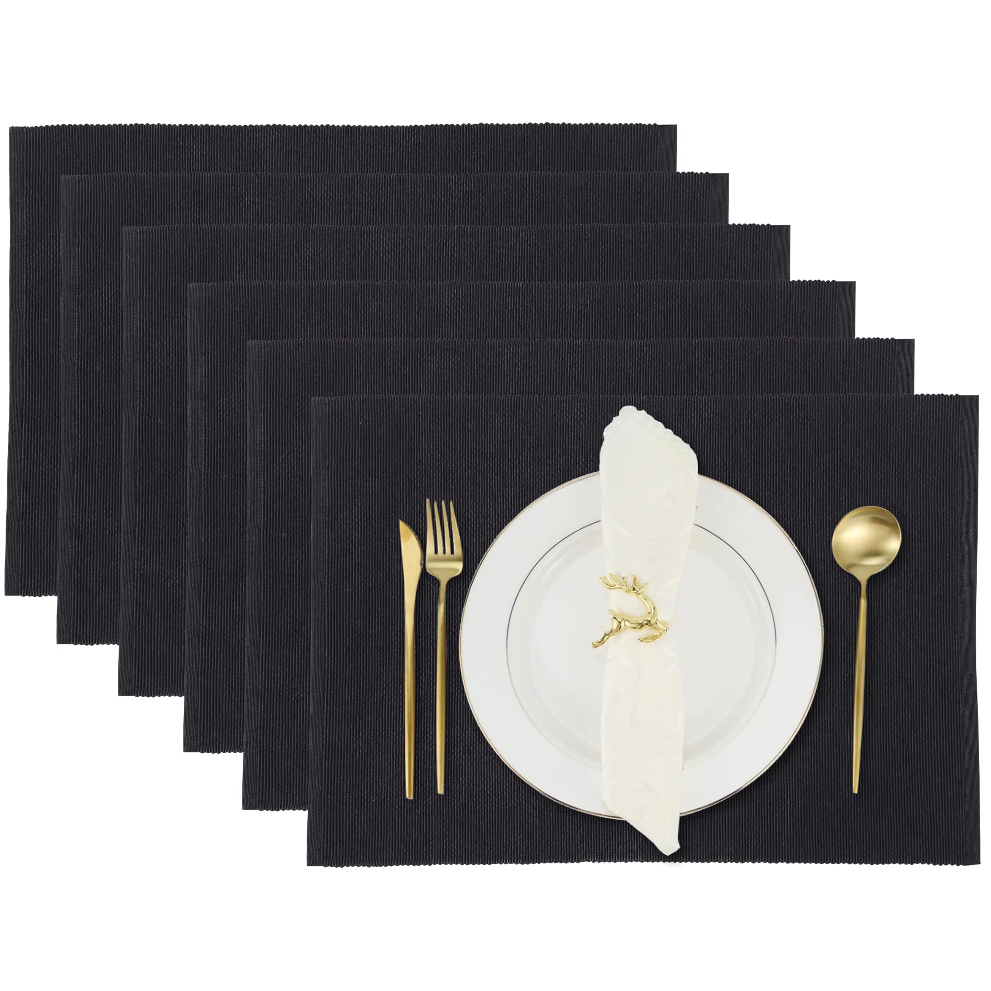 Photo 1 of RAJRANG Black Placemats Set of 6 - Cotton Ribbed Tabletop, Non-Slip Wrinkle Free Kitchen Table Mats for Dining Table, 13x19 Inch