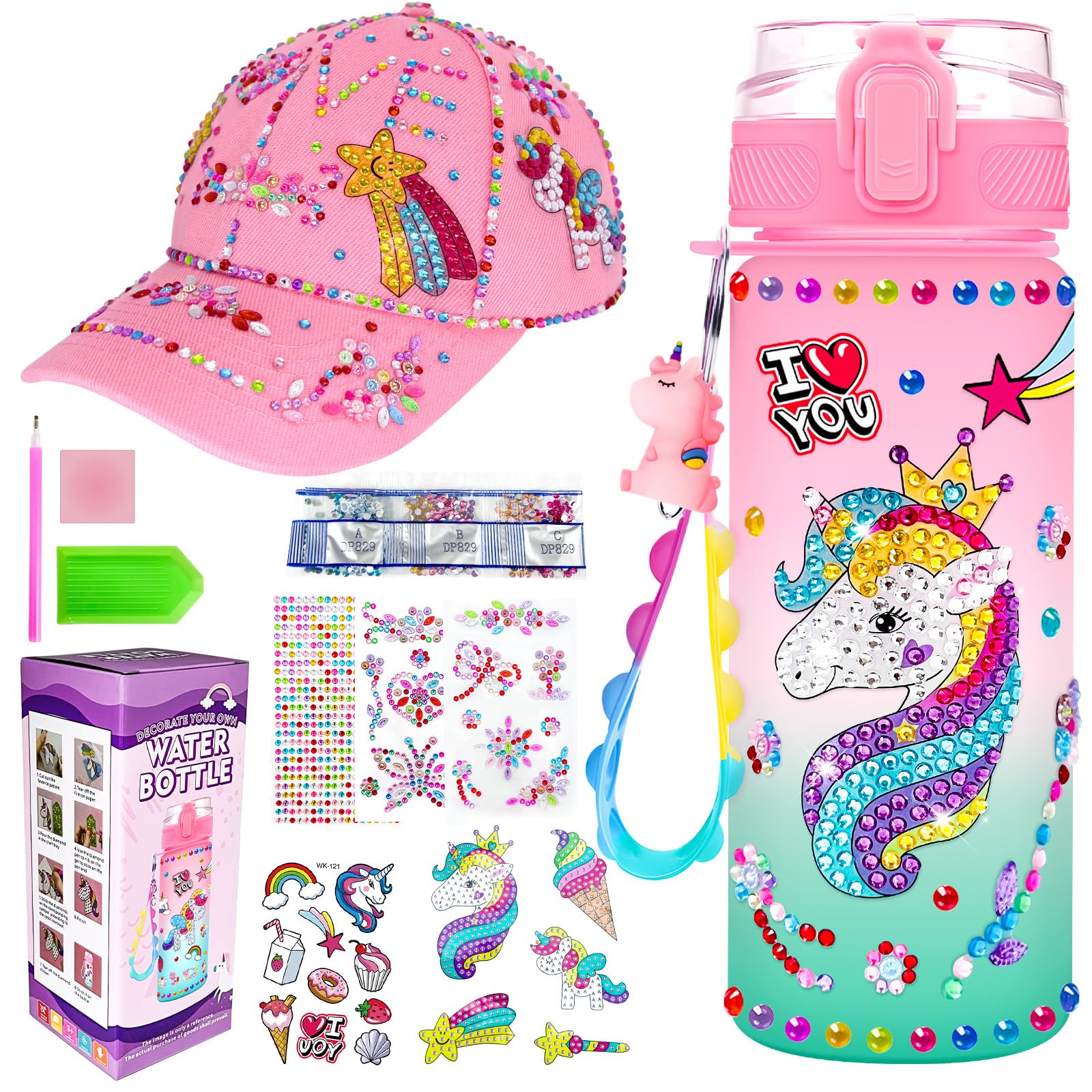 NlsqEU Unicorn Gifts for Girls Birthday Presents - DIY Decorate Your Own Water Bottle & Baseball Cap - Arts and Crafts for Kids Age 5-11