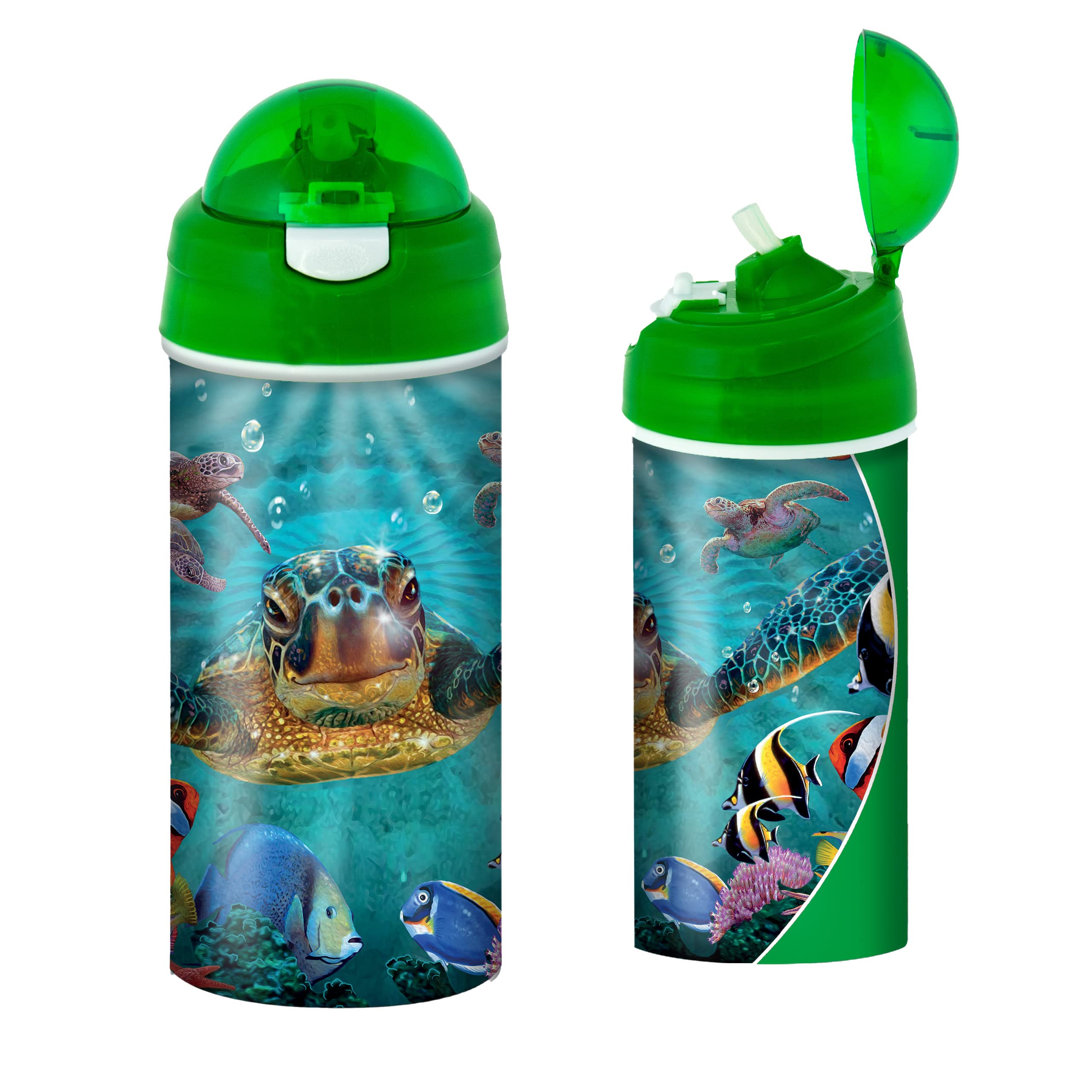 3D LiveLife Drinking Bottle - Tiny Bubbles from Deluxebase. 3D Lenticular 600ml BPA Free Reusable Green Water Bottle with Straw & Flip Top Lid. Leak Proof Animal Drinks Bottles with Sea Turtle Design. — image 1