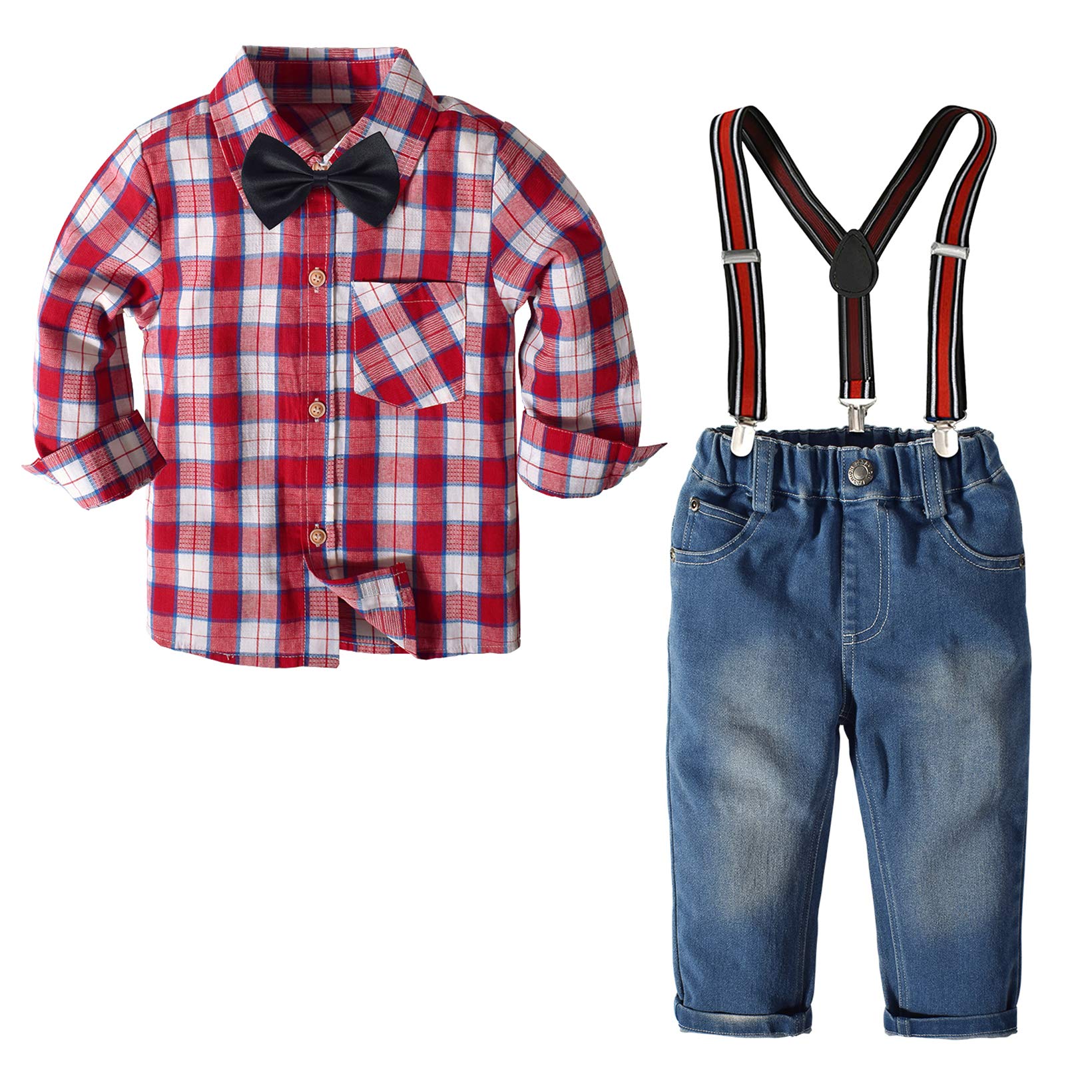 Nwada Boys Clothes Set Plaid Shirt Tops + Bowtie + Suspender Jeans Pants Toddler Boy 4PCS Formal Outfits Suits