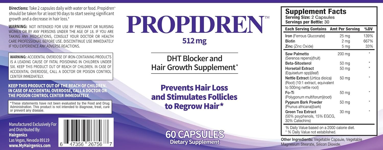 Propidren by HairGenics - DHT Blocker & Hair Growth Capsules to Prevent Hair Loss & Stimulate Hair Follicles, to Stop Hair Loss & Regrow Hair. Proprietary Anti-Hair Loss & Hair Regrowth Treatment.: Health & Personal Care