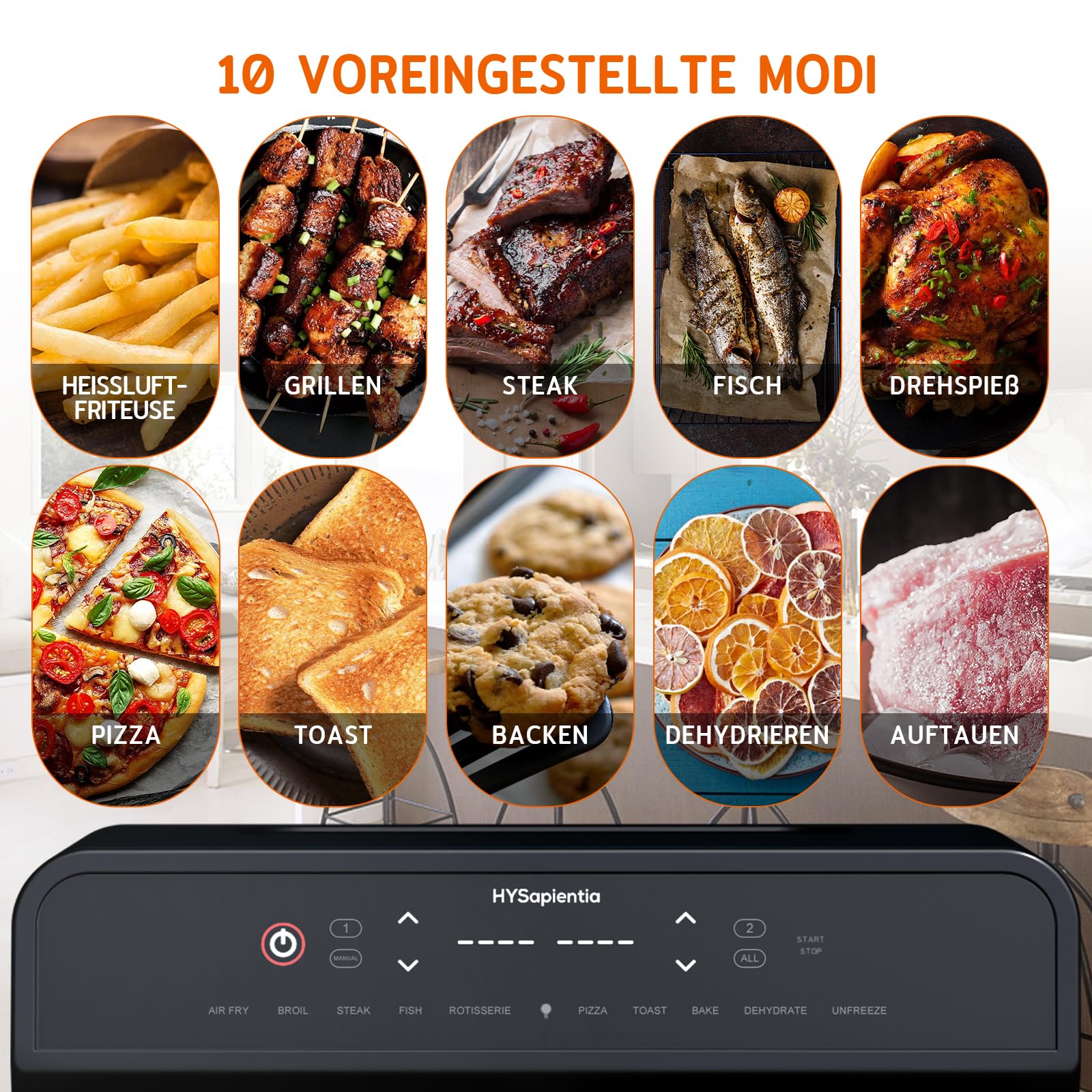 HYSapientia 22L heißluftfritteuse 2 kammern XXL Minibackofen mit Umluft,LED-Touchscreen,10 Programmen, Heissluftfritteuse Dual Zone airfryer Oven,Zwei Kochmodi mit Teilerplatte,Edelstahl,Rotisserie 7