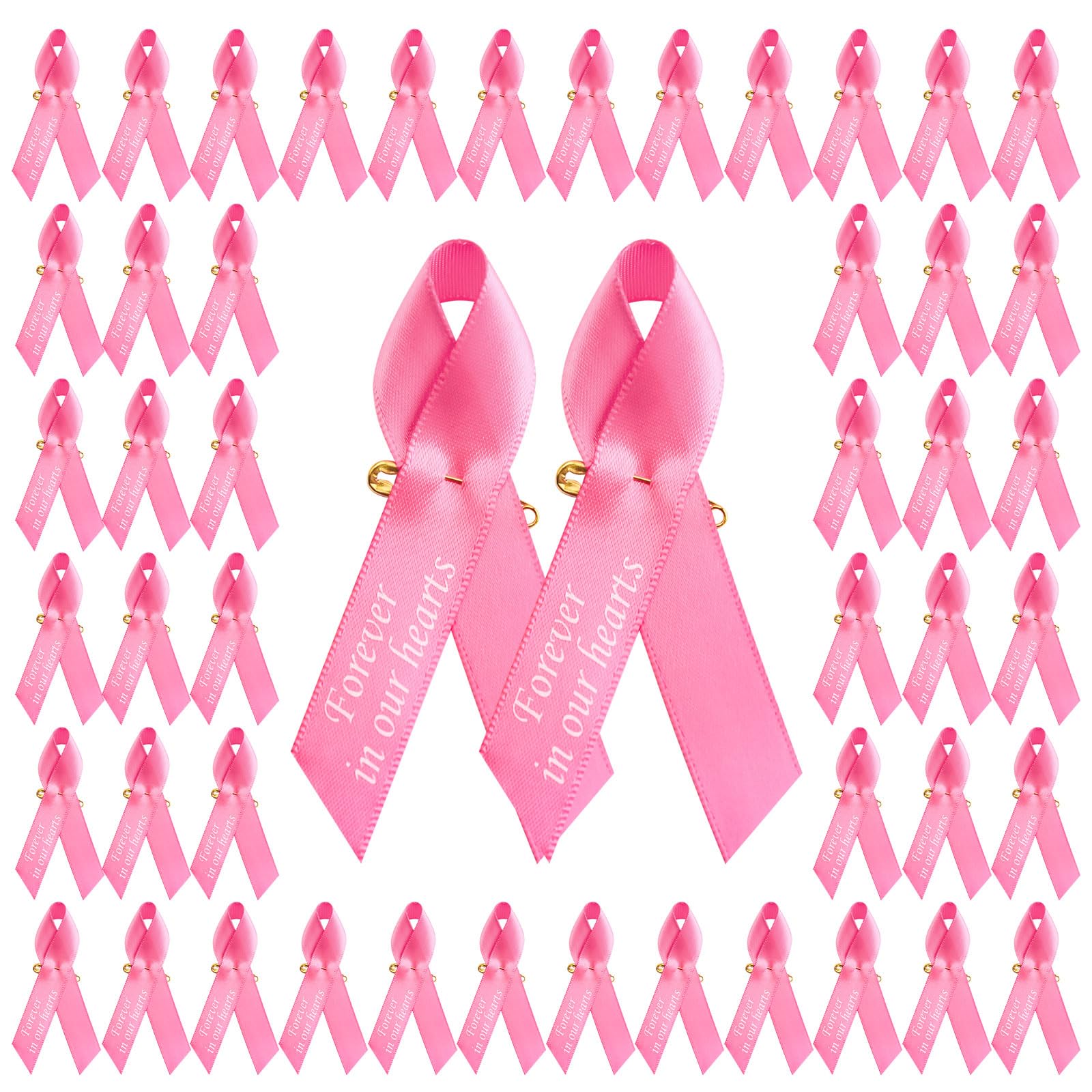 CRAFFANCY WANDIC 100pcs Pink Ribbon Pins Breast Cancer Awareness Badges Mammary Carcinoma Brooch Memorial Ribbon Badges in Forever in Our Hearts for Funeral Mourning Event Bereavement Remembrance