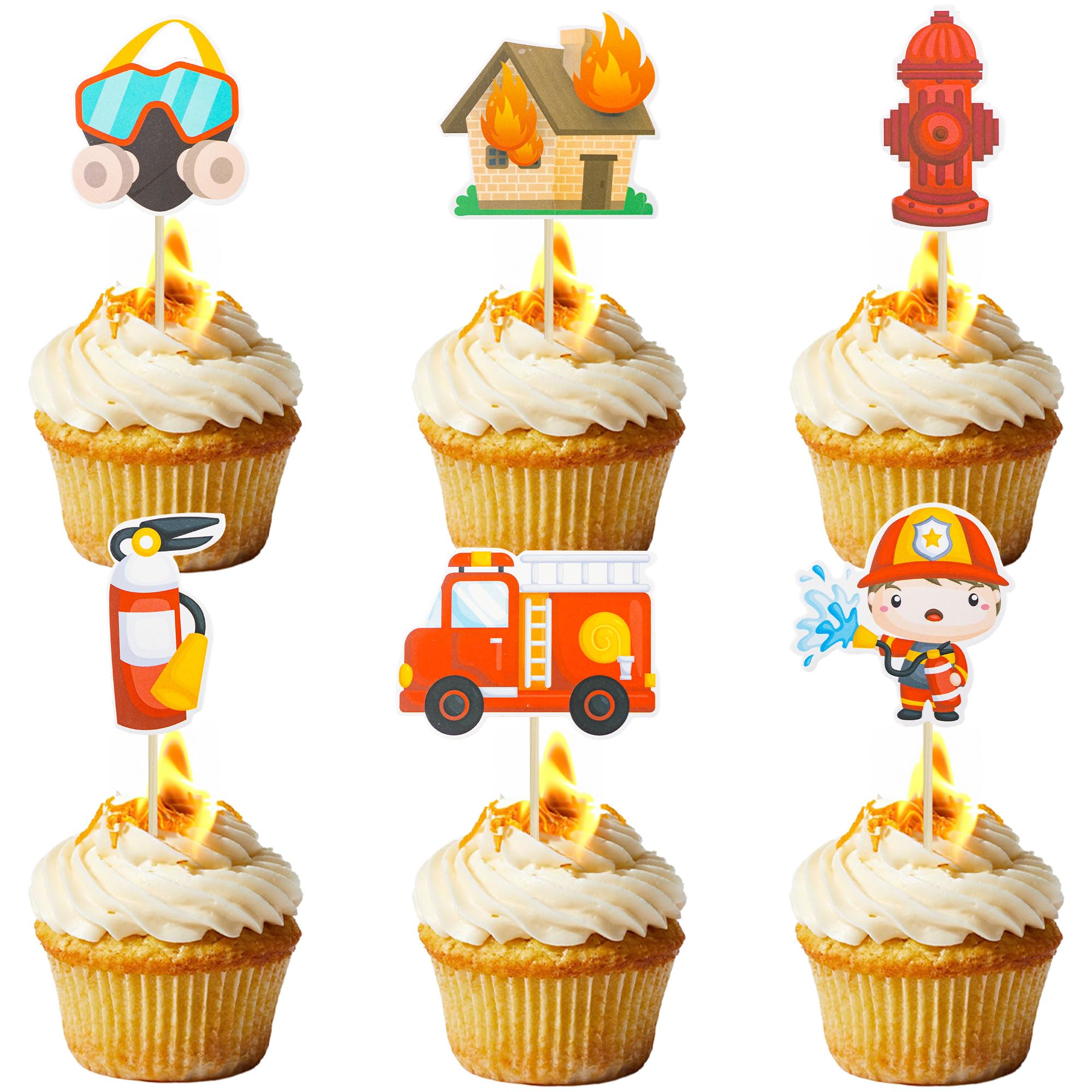Gyufise 36Pcs Fireman Fire Truck Cupcake Toppers Fire Department Engine Rescue Cake Decorations for Baby Shower Birthday Party Cake Decorations Supplies