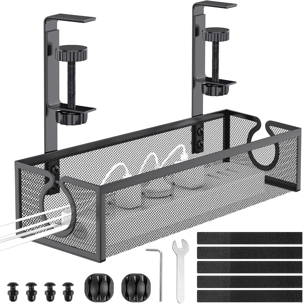 DECOHOME Under Desk Cable Management Tray No-Drill Mesh Wire Basket Organizer