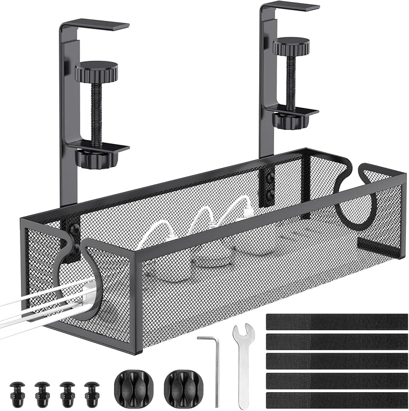 DECOHOME Under Desk Cable Management Tray No-Drill Mesh Wire Basket Organizer