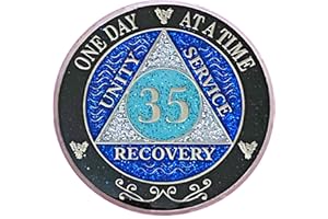 SIMPLY MINIMAL (Years 1-50) 35 Year AA Recovery Silver Color Plated Glitter Medallion, Black Rainbow, Blue, Silver Glitter Coin, Epoxy Covered (AA 35 Year Glitter Medallion)