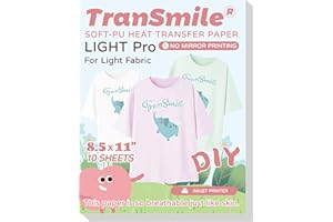 TranSmile PU-Heat Transfer Paper for T Shirts (10 Sheets, 8.5x11'', Light), Iron on Transfers for Light Fabric, Printable Heat Transfer Vinyl for Inkjet Printer