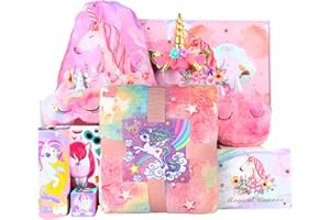SEREFICY Unicorns Gifts for Girls, Birthday Gift Ideas for 3 4 5 6 7 8 9 10 Years Old Girls Toddler Kids, 12Pcs Kindergarten Graduation Gift Basket with Glow in The Dark Unicorn Blanket Bag Tumbler etc