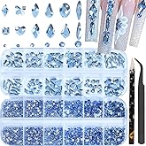 DZHILHMX Nail Rhinestones - 3D Multi Shape Size, Flat Back, Crystals Manicure Rhinestones Charms, Light Blue Nail Gems, with Kit, for Nail Art, Bedazzling Acrylic Nails, DIY Decor