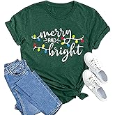 MAIHUN Christmas Shirts Womens Merry and Bright Shirt Xmas Holiday Tshirt Christmas Lights Tee Tops