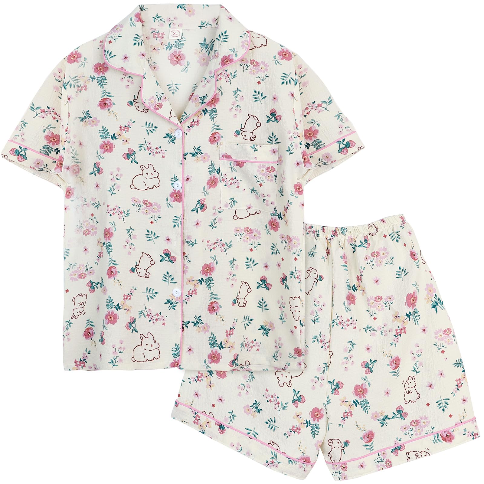 Arssm Pigiama Floreale Donna 2 Pezzi – Kawaii Con Fantasia Fiori, Coniglio E Fragola, Manica Corta E Pantaloncini