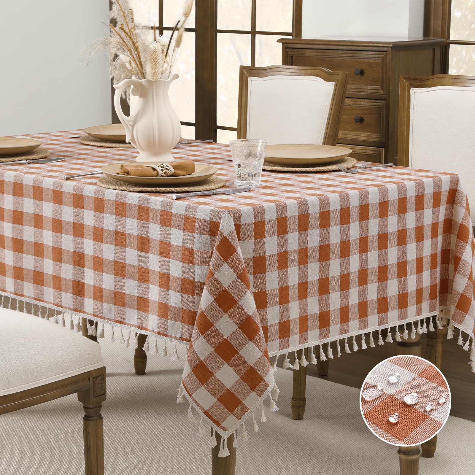 Photo 1 of Romanstile Fall Checkered Tablecloth Rectangle, Thanksgiving Linen Cotton Gingham Table Cloth with Tassel, Wrinkle Free Buffalo Plaid Table Cover for Dining Party Decor - 55 x 70 Inch, Orange