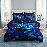 Nesker 7 Pcs Comforter Set Queen Size, Blue Rose Floral Flower Bedding Set for Kids and Adults, Romantic Valentine Bed Sheet Sets with Fitted Sheet 2 Pillowcases & 2 Shams