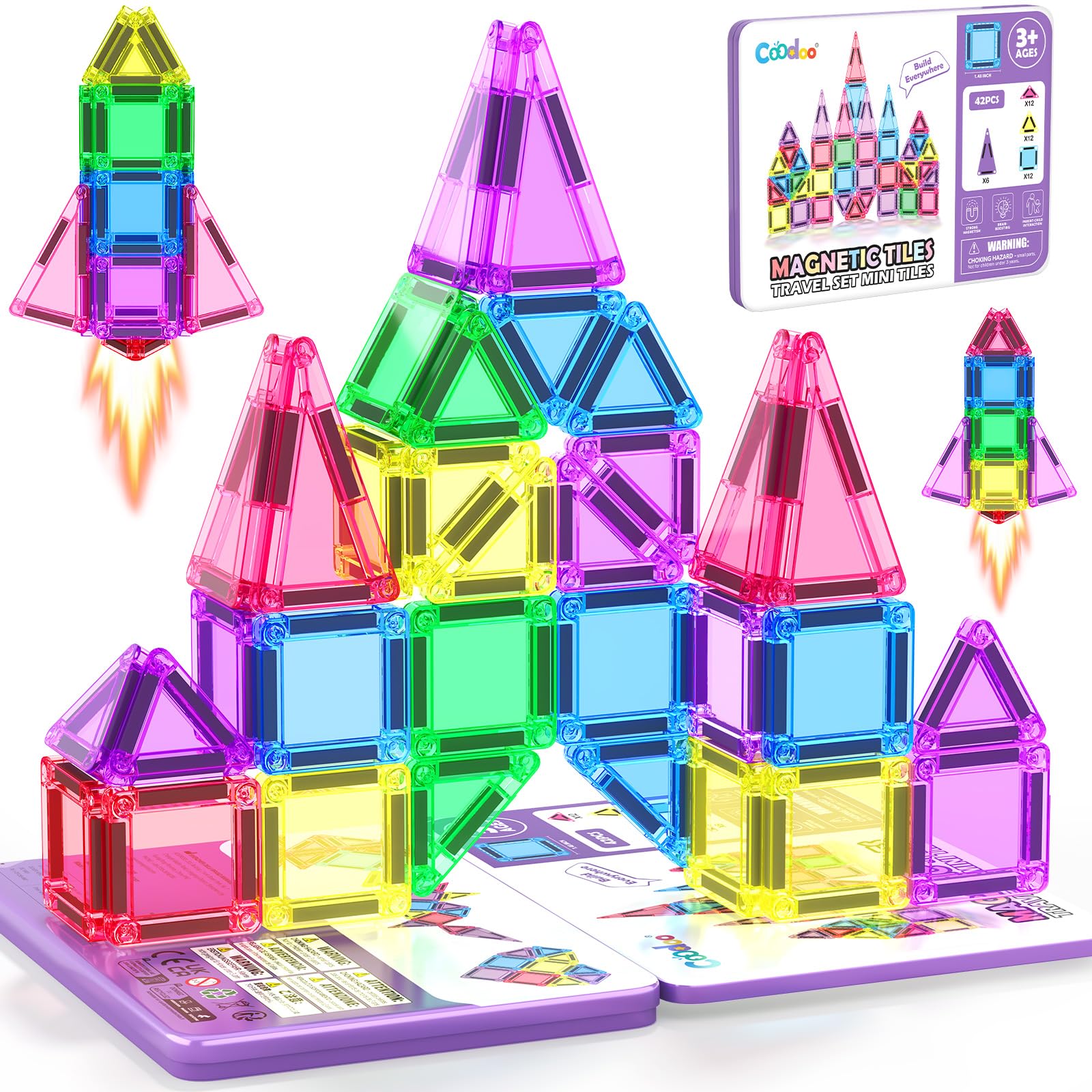 Coodoo Mini Magnetic Tiles Set with Iron Box, Travel Essentials Portable Magnet Building Blocks, Montessori Educational Sensory Toys for Toddlers 3+ Boys Girls Birthday Gift Classroom Must Haves