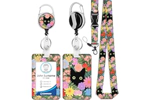 Toykee ID Badge Holder with Retractable Reel Clip, Cute Black Cat Flowers Floral Card Name Tag Lanyard Vertical ID Protector Bage for Nurse Nursing Doctor Teacher Student